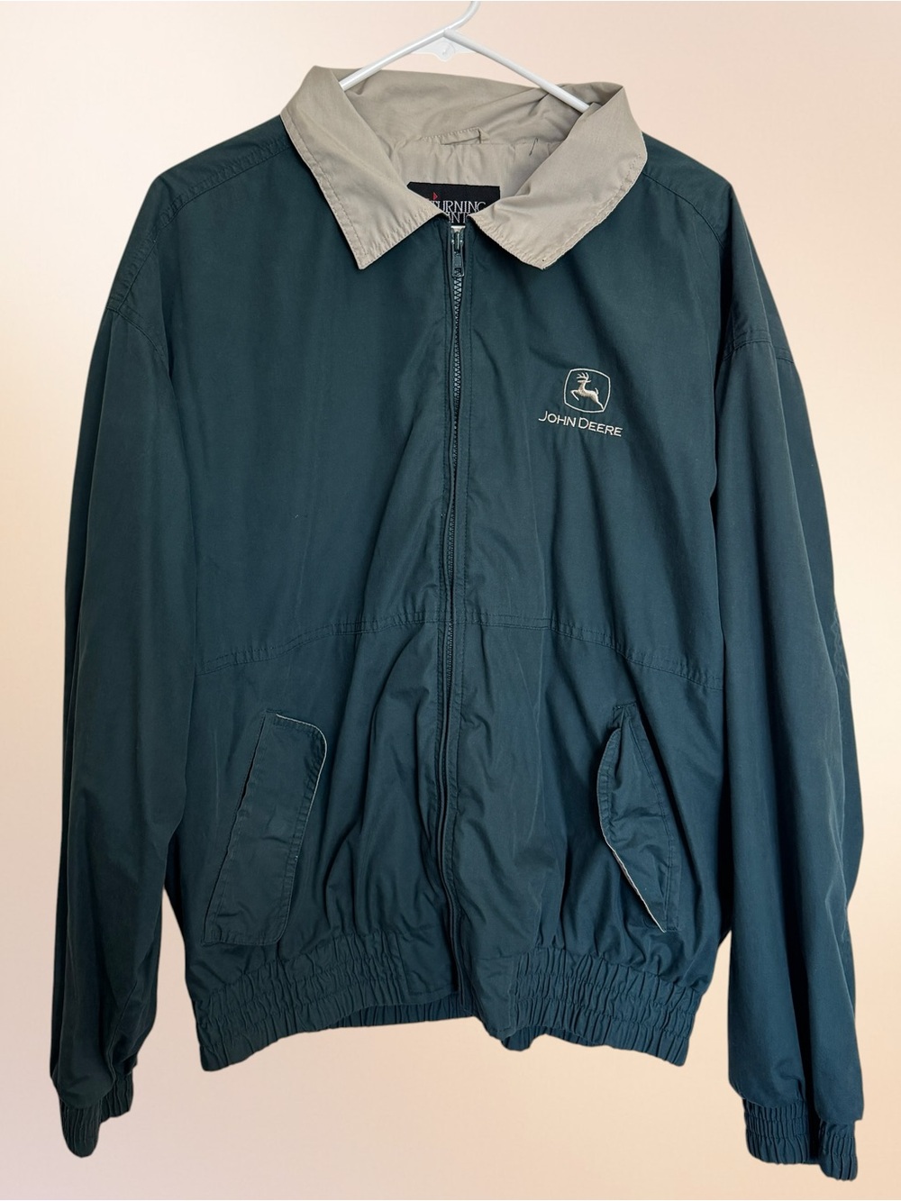 John Deere Men's Dark Green Zip Jacket with Contrasting Collar
